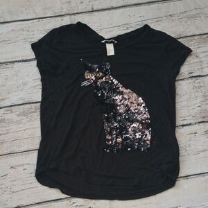 H&M Women's Black Sequin Cat Viscose Tee Shirt M